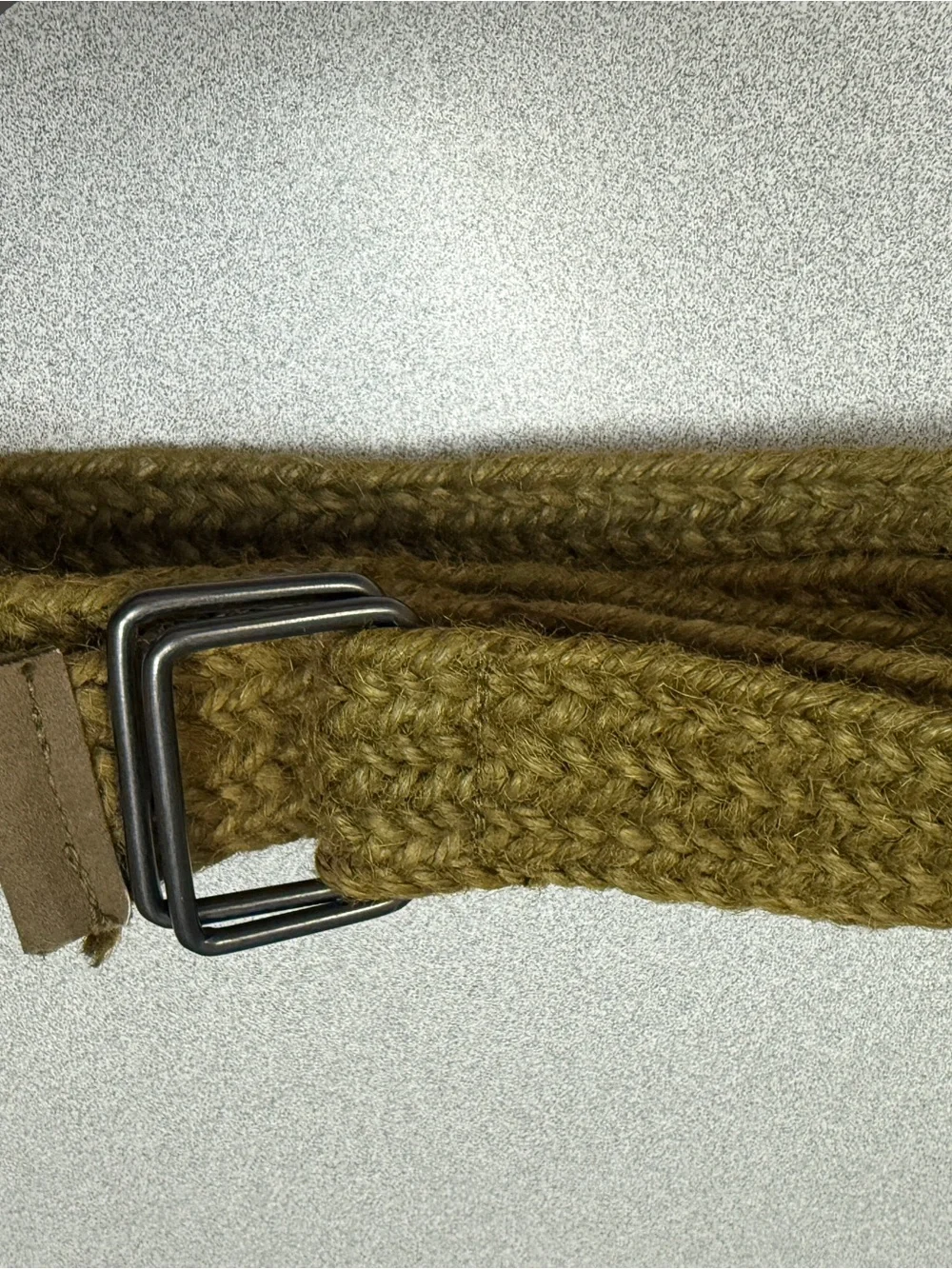 Vintage 1980s 100% Jute Woven Belt Olive Brown Double Ring Buckle 49”